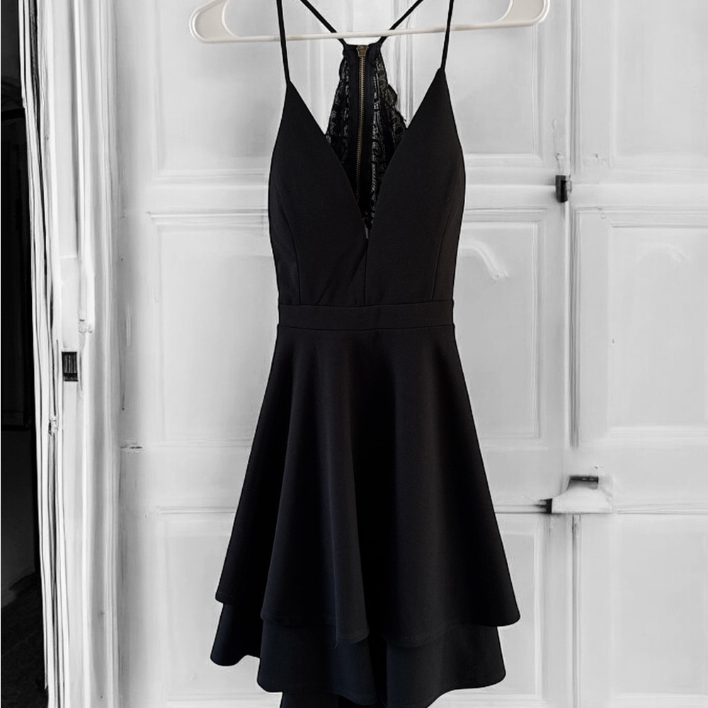 Emerald Sundae Black Fit & Flare Sundress with Spaghetti Straps and Deep V Neck